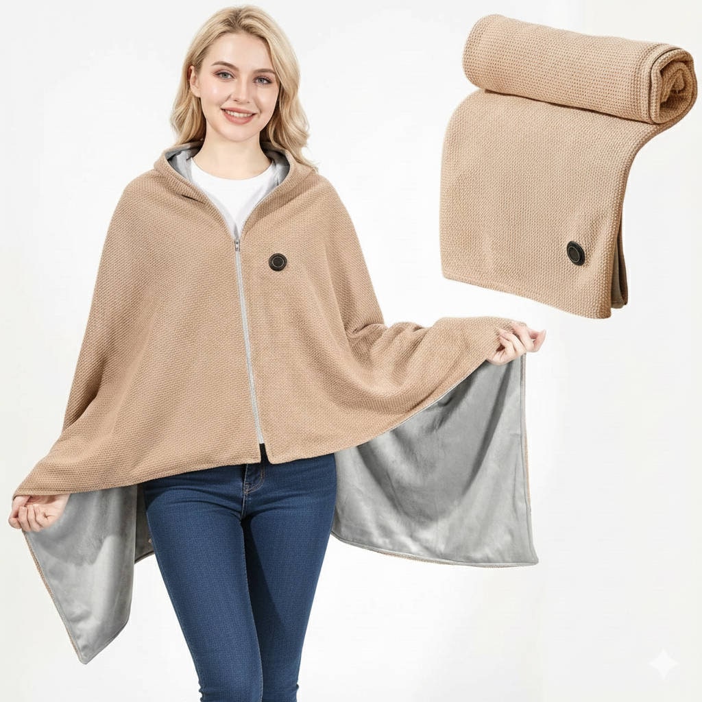 Wearable Heated Blanket Throw USB Powered Zipper Closure Hood 8 Heating Zones Fleece Waffle Knit Portable Wrap