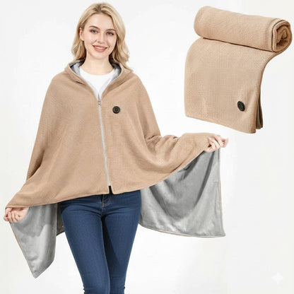Wearable Heated Blanket Throw USB Powered Zipper Closure Hood 8 Heating Zones Fleece Waffle Knit Portable Wrap
