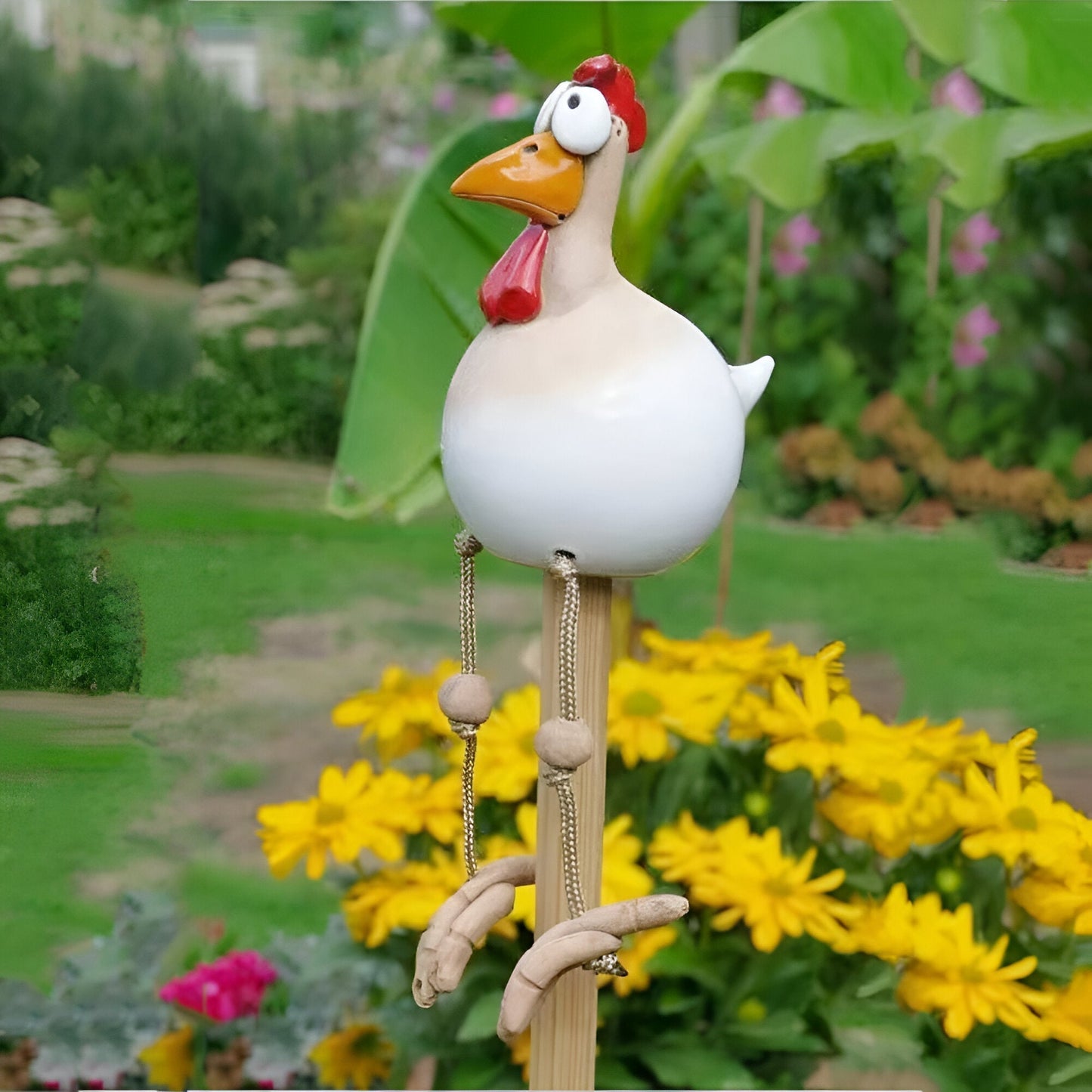 Whimsical Big Eyed Rooster Garden Statue with Weatherproof Design