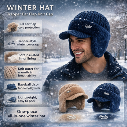 Bonnet d’hiver de trappeur en tricot avec couvre-oreilles et visière, protection contre le froid