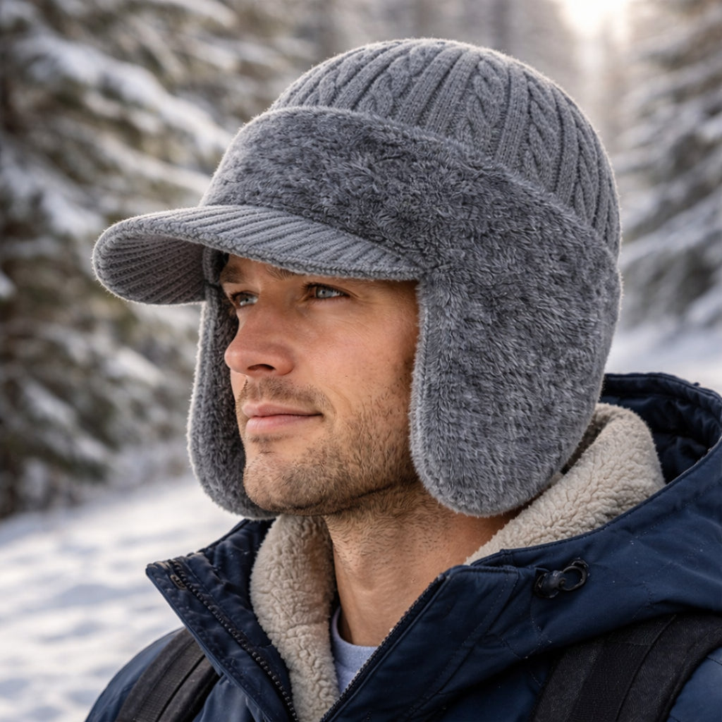 Bonnet d’hiver de trappeur en tricot avec couvre-oreilles et visière, protection contre le froid