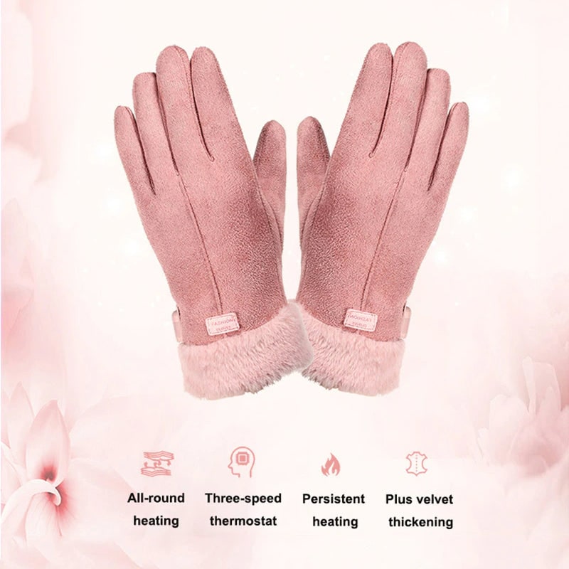 Women's Heated Gloves Rechargeable Battery Faux Fur Cuffs Fleece Lining Touchscreen