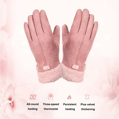 Women's Heated Gloves Rechargeable Battery Faux Fur Cuffs Fleece Lining Touchscreen