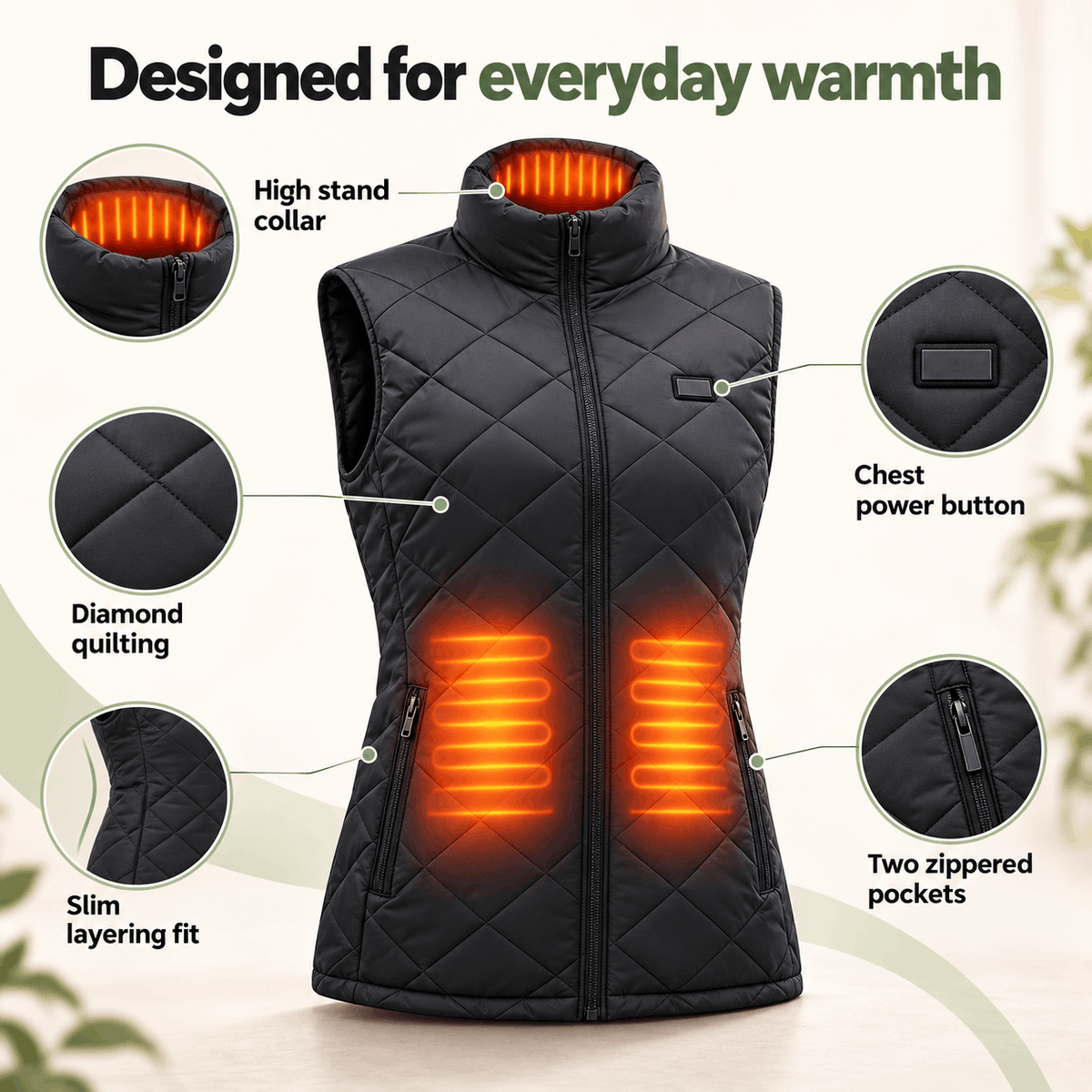 Chaleco calefactable para mujer, acolchado, con calefacción eléctrica, cuello alto, bolsillos con cremallera y diseño ligero