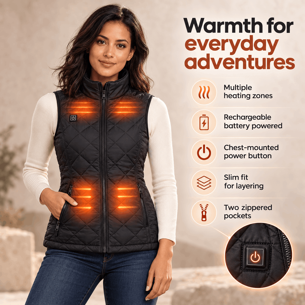 Chaleco calefactable para mujer, acolchado, con calefacción eléctrica, cuello alto, bolsillos con cremallera y diseño ligero