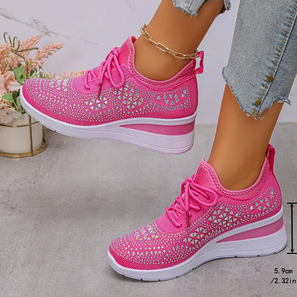 Women's Rhinestone Wedge Sneakers with Breathable Knit Upper