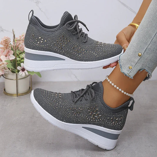 Women's Rhinestone Wedge Sneakers with Breathable Knit Upper