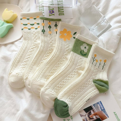 Womens Vintage Floral Crew Socks Cable Knit Breathable Cotton Blend