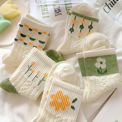 Womens Vintage Floral Crew Socks Cable Knit Breathable Cotton Blend