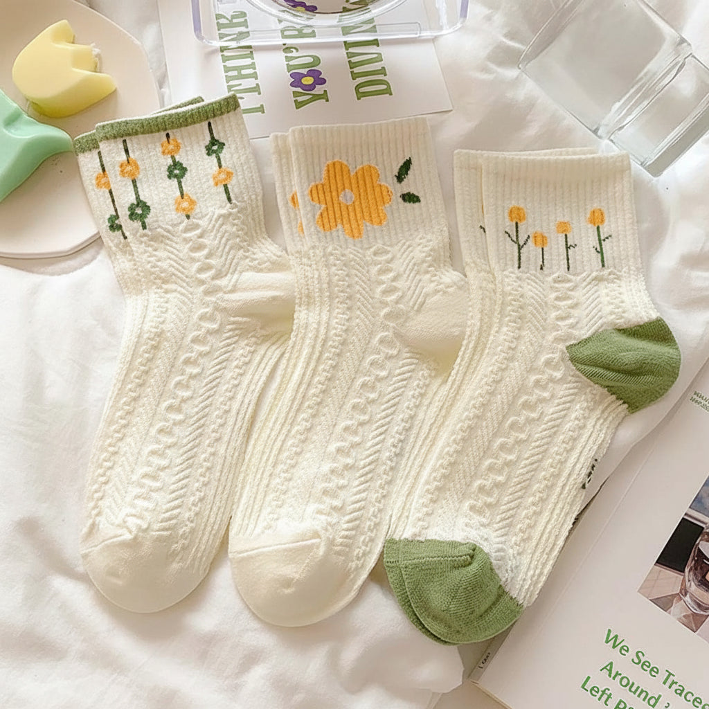 Womens Vintage Floral Crew Socks Cable Knit Breathable Cotton Blend