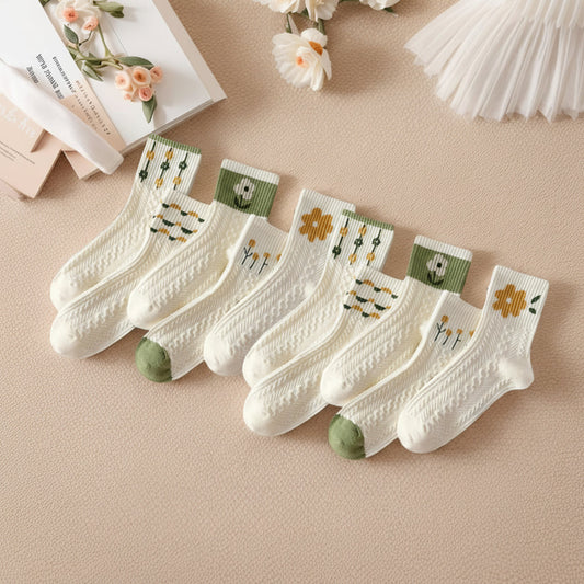 Womens Vintage Floral Crew Socks Cable Knit Breathable Cotton Blend