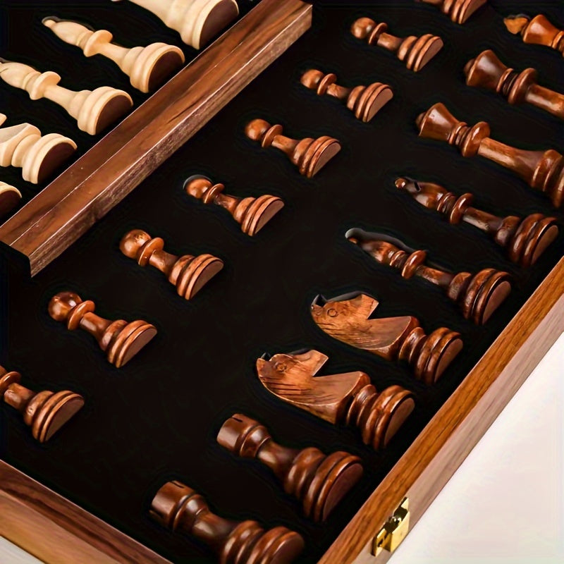Wooden Chess Set with Folding Board and Handcrafted Pieces for Classic Tournament Play