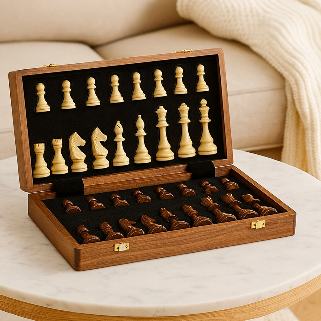 Wooden Chess Set with Folding Board and Handcrafted Pieces for Classic Tournament Play