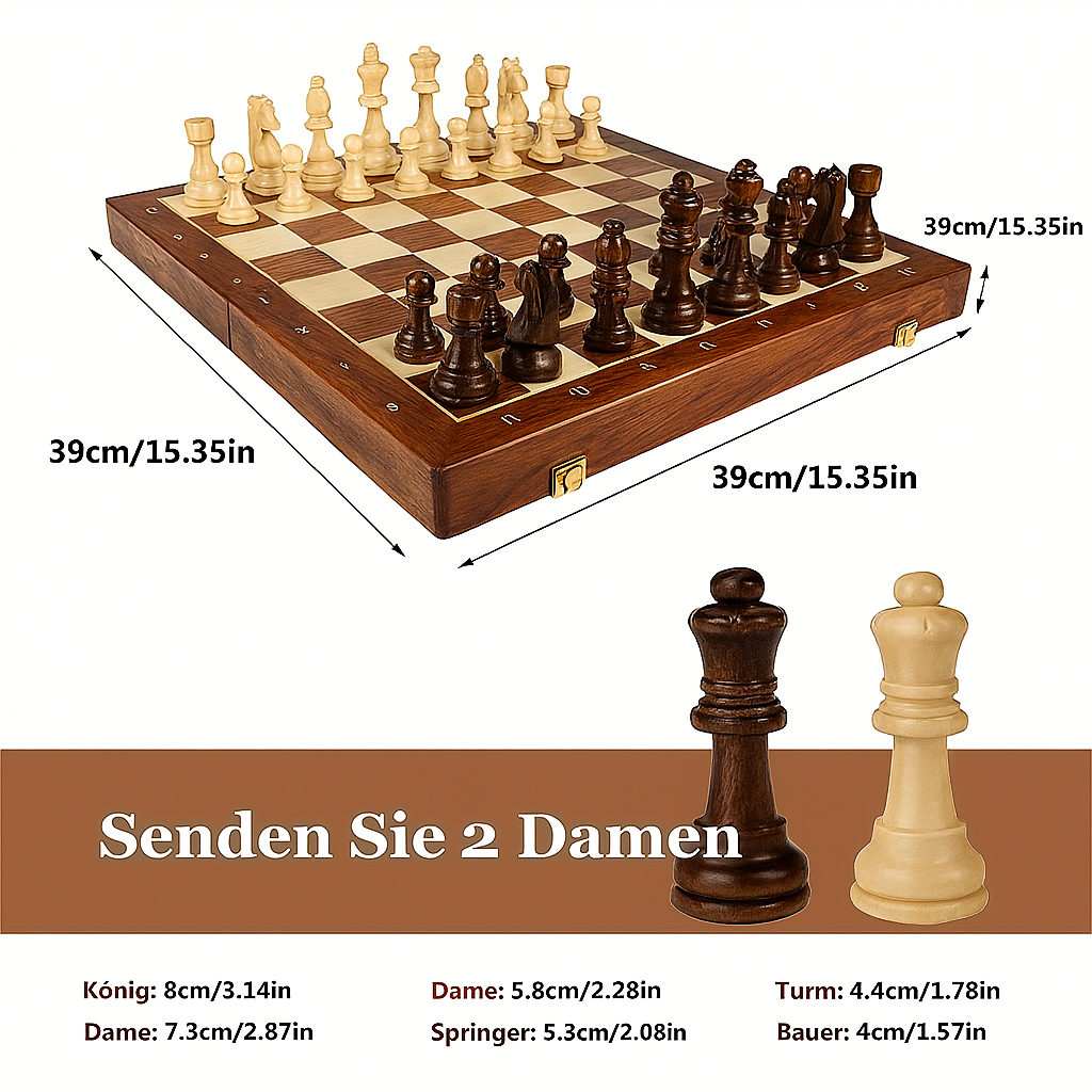 Wooden Chess Set with Folding Board and Handcrafted Pieces for Classic Tournament Play