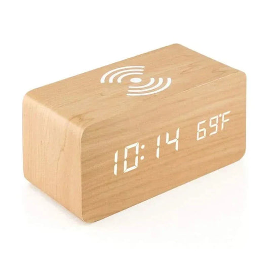 Wooden Digital Alarm Clock with 5W Wireless Charging and Voice-Activated Display