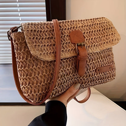 Woven Straw Shoulder Bag with Vintage Style for Summer Travel and Everyday Use