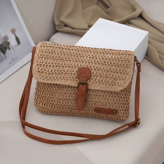 Woven Straw Shoulder Bag with Vintage Style for Summer Travel and Everyday Use